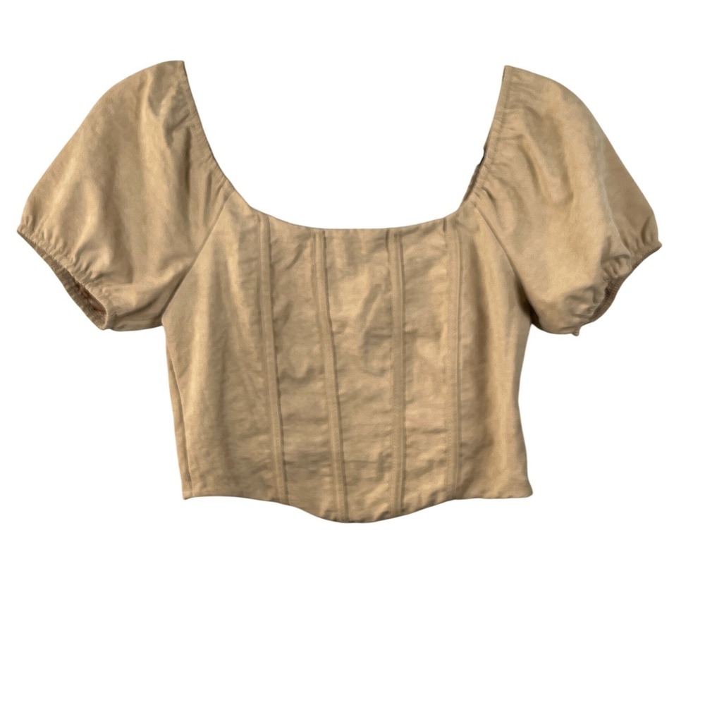 KIRIOUS Earthy Tan Cropped Blouse Milkmaid XS Corset Style Coquette Puff Sleeve